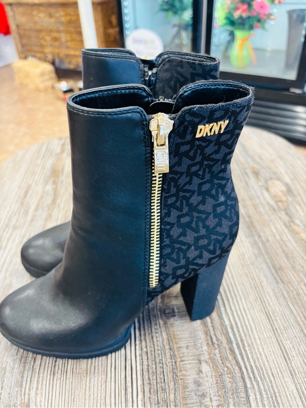 DKNY Black Logo Block Heel Ankle Boots with Gold Zip Accent